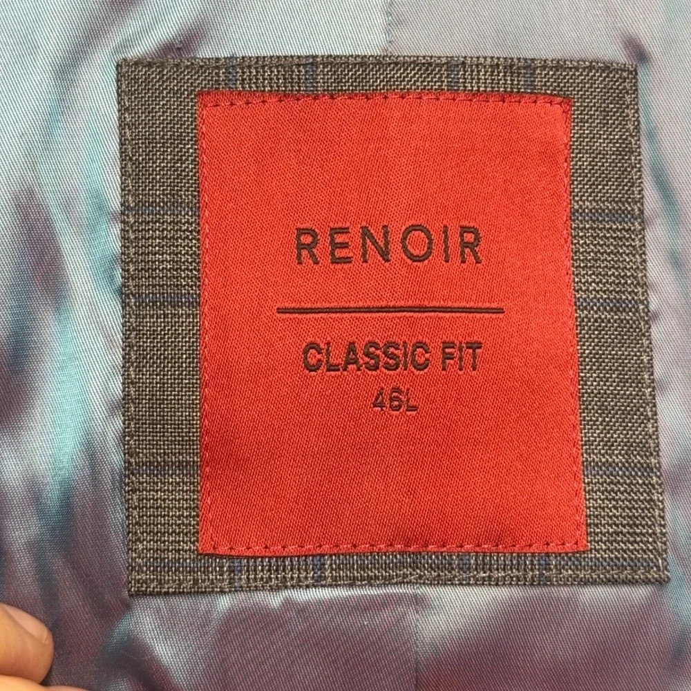 Renoir Mens Classic Fit Gray Plaid Wool Blend 2 Button Blazer Jacket 46L 555-8
